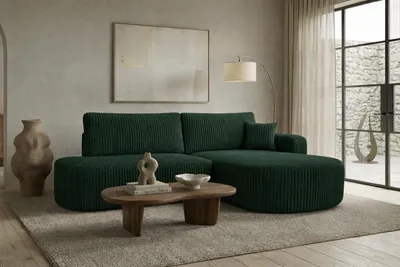 Image de Canapé d'angle avec fonction couchage et coffre de rangement, velours côtelé Tilia, vert, version droite, ROUND ONE OPEN XL