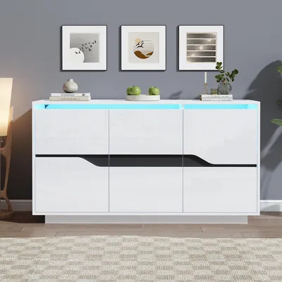 Immagine prodotto di Mobile bar/contenitore per soggiorno, bianco e nero, dimensioni 140x40x70 cm, con tre ante, ripiani interni regolabili, finitura lucida e illuminazione a LED