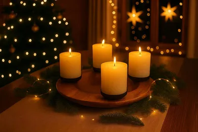 Produktbild von Ambientehome Teak Adventskranz 40 cm Ø – Massivholz Wurzelschale mit 4 Kerzenpicks, Dekoschale Naturholz, Advent & ganzjährige Deko
