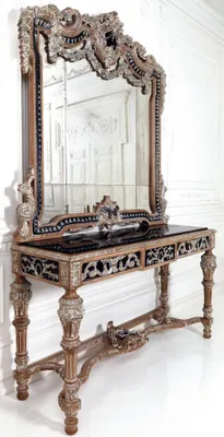 Produktbild von Klassischer Spiegel Schminktisch Konsole Tisch Braun holz Schlafzimmer Möbel Neu