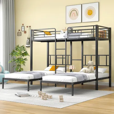 A children's bunk bed with two lower beds and one upper bed, set up in a bedroom with decorations.