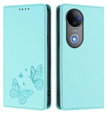 Produktbild von Lederhülle für Vivo V50, Schmetterling Prägung Leder Brieftasche Schutzhülle mit Ständer Türkis