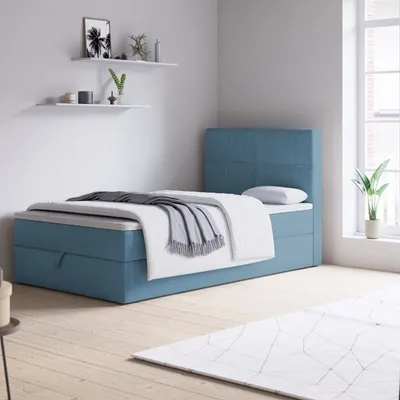 Produktbild von Bett, Boxspringbett NOLA MINI mit Bettkästen, Einzellbett, Stauraum, Schlafzimmer, Polsterbett, (90x200, Hellblau- Aura 13,Topper Visco )