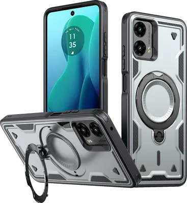 Produktbild von Dual Layer Hülle für Motorola Moto G Play 4G 2024 Metall Ring Ständer Magnetisch Stoßfest Militär Handyhülle Grau
