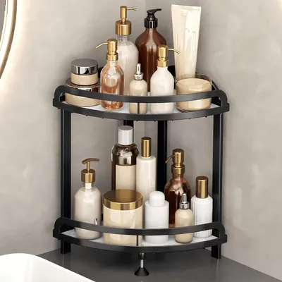 Produktbild von 2-stufiger Badezimmer-Thekenorganizer, schwarzer Eck-Organizer für Hautpflege und Make-up, praktisches Aufbewahrungsregal für die Thek-schwarz-Schwarz