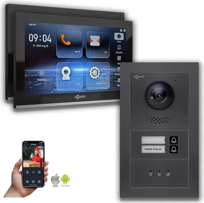Produktbild von Goliath IP Video Türsprechanlage: 10-Zoll 2 Familienhaus, Anzeige, Anthrazit  : 10 Zoll Schwarz : 4er POE : Aufputz Dose Anschluss: 4er POE Monitor Farbe: 10 Zoll Schwarz Montage: Aufputz Dose