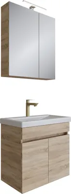 Produktbild von Planetmöbel Badmöbel-Set mit Keramikwaschbecken 63 cm, Spiegelschrank 60 cm Sonoma Eiche  mit LED-Leuchte Chrom & Steckdos