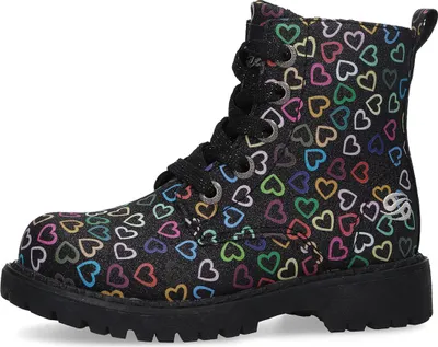 A single black boot with a colorful heart pattern.