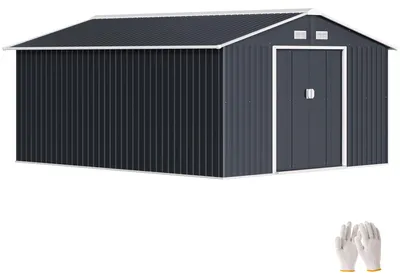 Produktbild von Geräteschuppen, Wetterfestes Gartenhaus für Gartengeräte, mit Belüftungsfenstern, Schiebetüren, Stahl, Kohlegrau