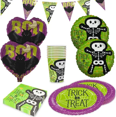 Produktbild von Halloween Skelett – Partyset 5-tlg. mit Tellern, Bechern, Servietten & Ballons