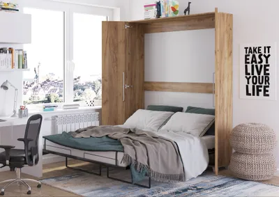 A bedroom or studio apartment with a murphy bed in an open state, a desk, and a window.