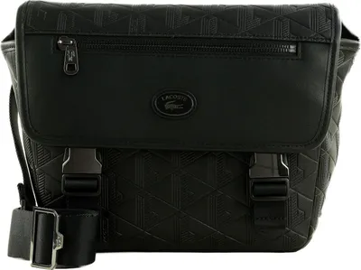 A black Lacoste messenger bag is shown against a white background.