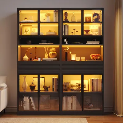 Image de Deux ensembles de vitrines noires, 8 portes en verre, 2 tiroirs, éclairage LED, en MDF, 200 cm
