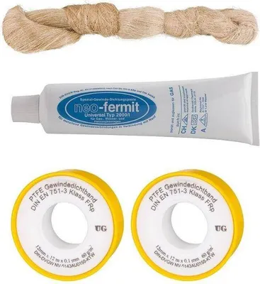 A collection of plumbing sealing products including hemp, sealant paste, and PTFE tape.