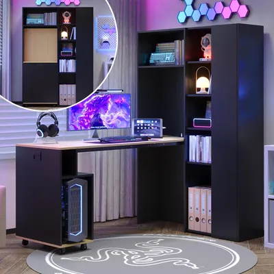 Productafbeelding van Klaptafel 2-in-1, boekenkast + tafel, stopcontact met USB-poort, verstelbare planken, omvalbeveiliging (zwart, eikenhout)