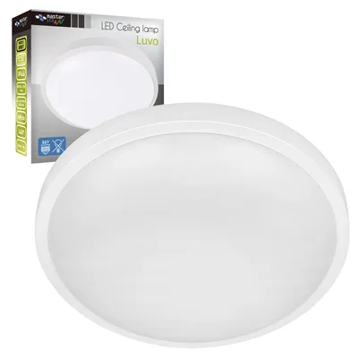 A white round LED ceiling lamp is shown in front of its packaging.