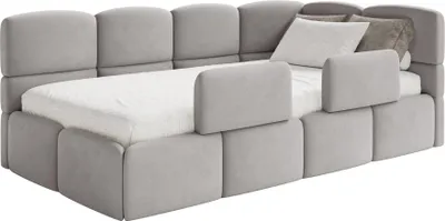 Produktbild von Selsey Cloudy – Kinderbett 120x200, Kopfteil rechts, Matratze & Bettkasten, Samt Hellgrau