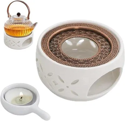 Image de Chauffe-thé en porcelaine avec soucoupe et dessous de plat - Motif bois - Service à café et à thé - Forme de fleur - Blanc