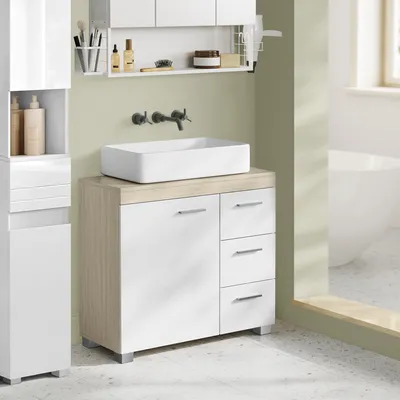 Produktbild von VASAGLE Waschbeckenunterschrank mit Füßen, 3 große Schubladen, 2 Fächer hinter der Tür, 30 x 70 x 64 cm, Wolkenweiß-Naturbeige