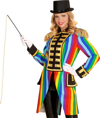 A woman in a circus ringmaster costume holding a whip.