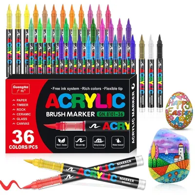 Productafbeelding van Acrylstiftenset, 36 kleuren, waterbestendig, penseelkop van 1-6 mm, geschikt voor steen, glas, hout, keramiek, metaal en canvas