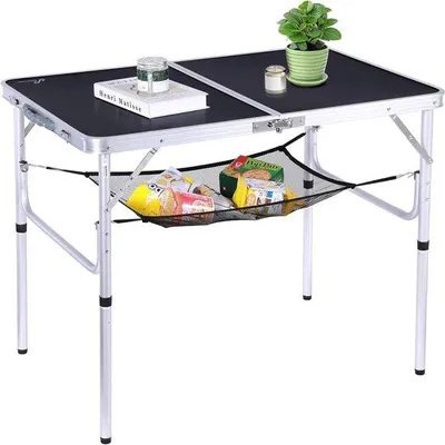 Obrázok produktu pre Uniqoos® Campingový sklopný stolík 90 x 60 cm – výškovo nastaviteľný, skladací vonkajší stolík so sieťovou odkladacou plochou a S-háčikmi, hliníkové nohy, čierna farba, nosnosť do 32 kg