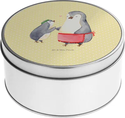 Produktbild von Mr. & Mrs. Panda Kaffeedose Pinguin mit Kind - Gelb Pastell - Geschenk, Mama, zuckerdose, Muttertag, Bruder, Vorbild, Keksdose, Metalldose, plätzchendosen, Vorratsdosen