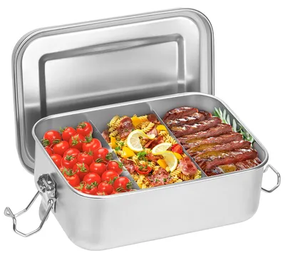 Produktbild von Lunchbox aus Edelstahl, Lunchbox mit Fächern, 850 ml, Lunchbox für Kinder mit Fächern, auslaufsicher mit Dichtungsring, BPA-frei, geeignet für Erwachsene und Kinder, Snackbox