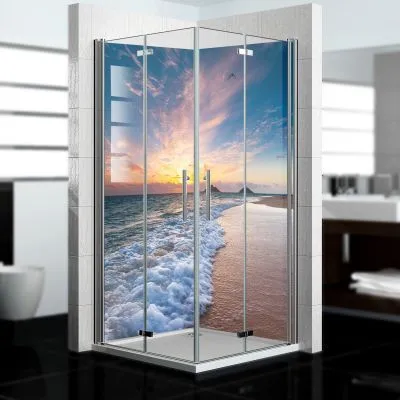 Produktbild von dedeco Eck-Duschrückwände Aluminium wasserfest Motiv: Strand V5, 2 x 90x200x0,3cm, Badrückwand, Fliesenersatz fugenlos Wandverkleidung Wandpaneele,  Germany