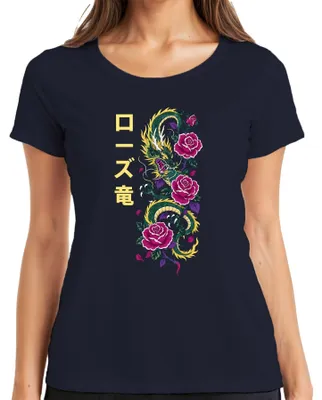 Produktbild von ローズ竜 Japanischer Drache Rosen Tattoo Rose Dragon Japan Y2K Irezumi Damen T-Shirt, Navy, M
