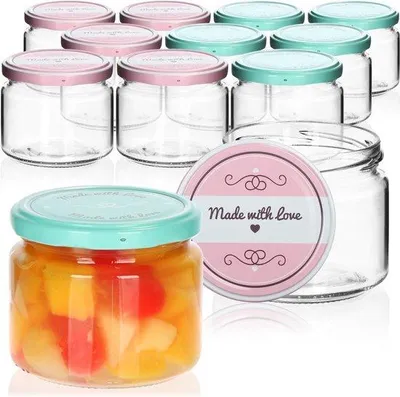 Immagine prodotto di Set di 12 barattoli di vetro con tappo a vite, nei colori verde e rosa, da 250 ml