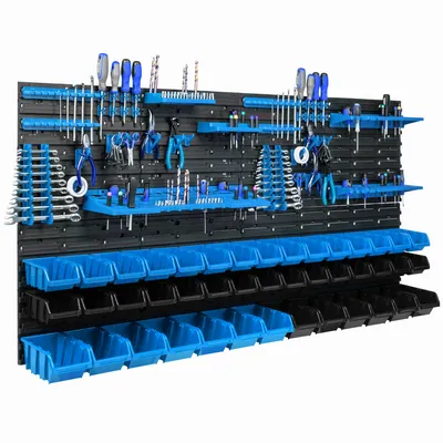 Obrázek produktu pro 43 stohovacích boxů Nástěnná police Plastový držák na nářadí 154 x 78 cm Dílenský skladovací systém Garážový úložný systém Pohledové úložné boxy Žlab