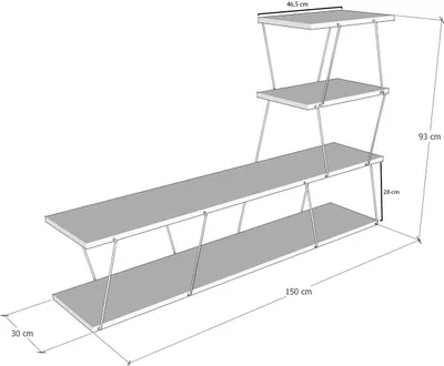 A 3D rendering of a multi-tiered TV stand with dimensions indicated.