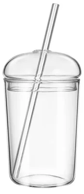 Productafbeelding van Glazen beker met deksel en rietje, 450 ml, transparant, blikontwerp