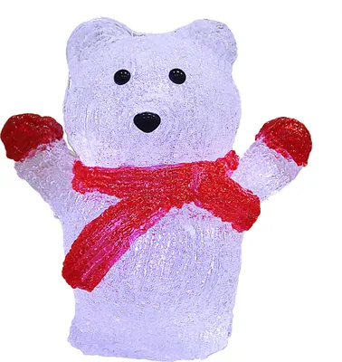 A white acrylic polar bear figure with a red scarf and red mittens, illuminated by internal lights.