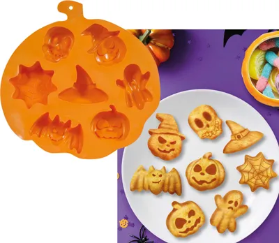 Productafbeelding van Halloween-vorm voor pompoenbrood, koekjesvormen: spook, heksenhoed, schedel, spinnenweb. Vormen: pompoen. Kleur: oranje