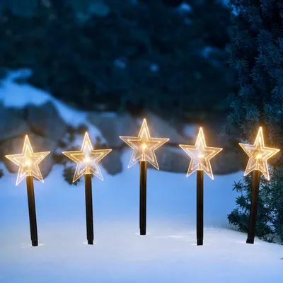 Produktbild von LED Gartenstecker mit 5 Sternen im Acryl-Look, beleuchtet mit je 1 warm-weißen LEDs, batteriebetrieben