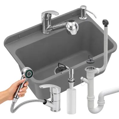 Produktbild von Granitan - Waschbecken - Ausgussbecken - 61x41x30 cm - Grau - mit Armatur HAND und Siphon - Spülbecken - LARGE
