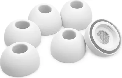 A set of white silicone ear tips for earbuds, with one ear tip shown from the side revealing its internal mesh.