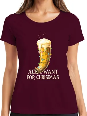 Produktbild von Ale I Want For Christmas Wikinger Trinkhorn Bier Geschenk lustig Damen T-Shirt, Burgundy, M