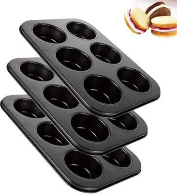 Obrázek produktu pro Ibenzoa® Sada 3 forem na muffiny z uhlíkové oceli, s nepřilnavým povrchem, černá – 6 výlepků (26,5×18,5×2,8 cm), vhodné do 220°C, pro muffiny a cupcakes