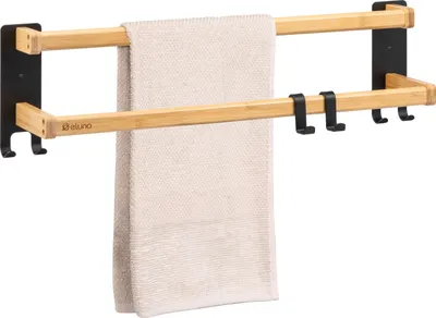 Image de porte-serviettes eluno avec 2 barres porte-serviettes et 6 crochets - barre porte-serviettes autocollante, en métal noir et bambou