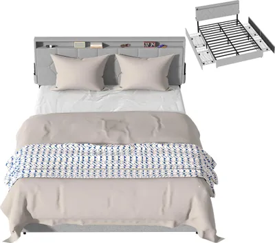 Produktbild von LZQ Polsterbett 140x200 cm mit 4 Schubladen,  Doppelbett mit Stauraum & gepolstertem Kopfteil, Leinen Bettgestell stabil bis 350 kg, inkl. Lattenrost, ohne Matratze, Hellgrau