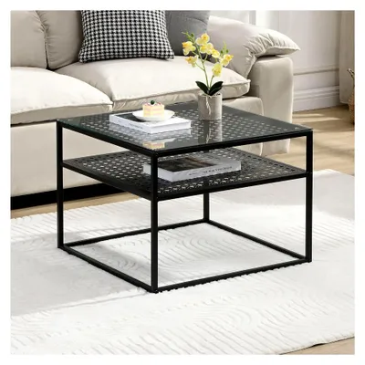 Produktbild von Couchtisch aus Glas und Metall 60x60x45 cm, Quadratischer Wohnzimmertisch mit Ablage, Beistelltisch