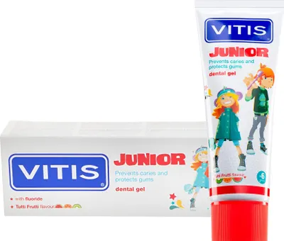 Immagine prodotto di Vitis | Dentifricio - Dentifricio per bambini - Junior Fluor 6+ - 75 Ml - Tutti Frutti - Protezione dalla carie - Alito fresco