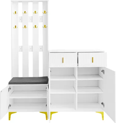 Produktbild von MERAX Garderoben-Set Dolly, Garderobenkombination, 3-St., Garderobenfront mit Haken, Schuhschrank mit Schubladen & Türen, Möbelset mit Kissen, Weiß