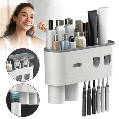 Produktbild von Zahnbürstenhalter Organizer Zahnpasta Spender ohne-Bohren Aufsteckbürsten Halter