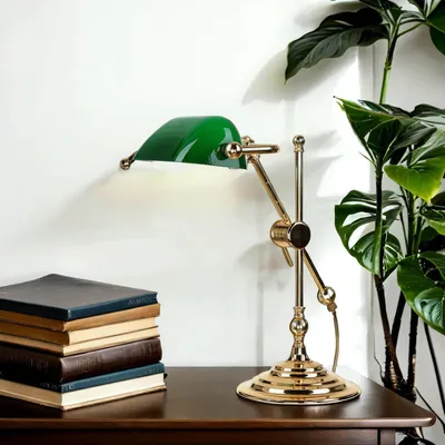 Productafbeelding van Bankierslamp Messing Glas - Studeerkamerlamp Bureau - Werkplek Verlichten - Handgemaakt In Italië - 32 cm Hoog - Groen Verguld