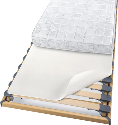 A mattress topper is shown layered on top of a slatted bed base, with a portion of the topper peeled back to reveal the base.