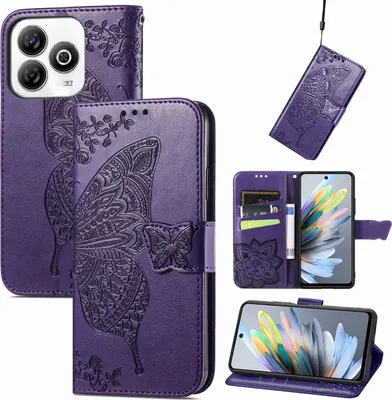 Produktbild von Für ZTE Blade A75 4G Kunstleder Wallet Handy Tasche Schmetterling Design Hülle Etuis Lila